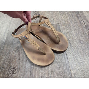 Rainbow Sandals Shoes 6.5-7.5 Thong T Strap Flats Brown Leather Casual Buckle M